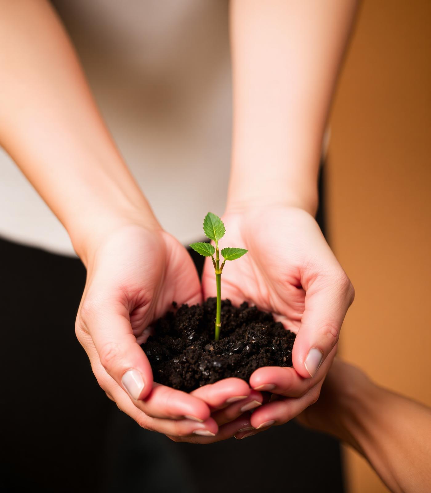 Hands holding a seedling
